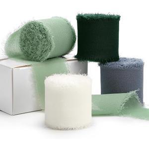 2 x YANGTE Handmade Chiffon Silk Ribbon Fringe 1.5 Inch x 4 Rolls Total 28 Yd Frayed Edges Ribbons for Gift Wrapping, Wedding Invitations, Bridal Bouquets, DIY Crafts, Home Decor (Ivory & Green & Blue)