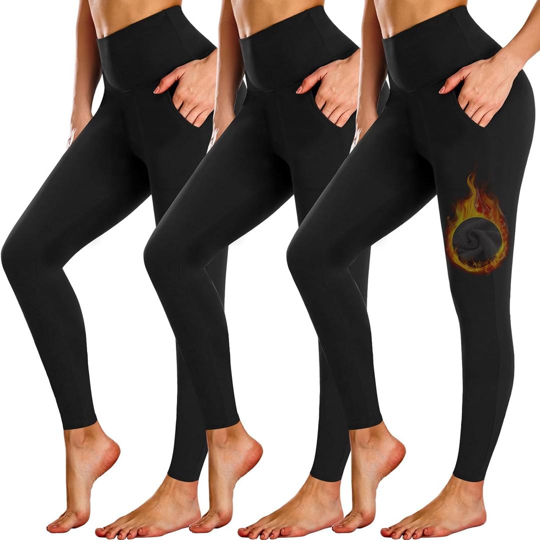 NEW YOUNG 3 Pack Fleece Lined Leggings Women with Pockets,Warm Winter Yoga Pants for Women (Small-Medium)
