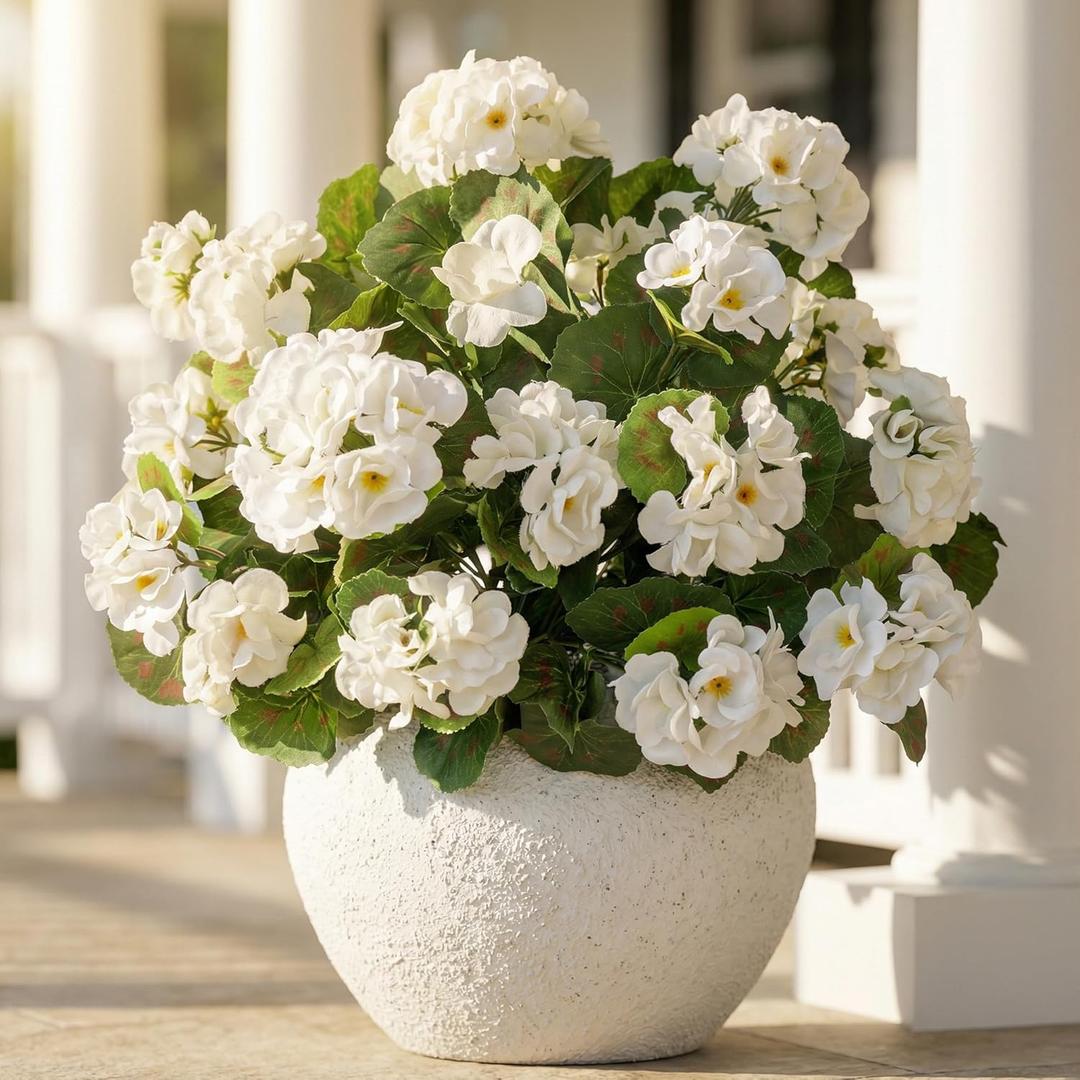 4pcs Fake Flower Artificial Geranium,Artificial Flowers for Outdoors, White Geraniums Artificial Flowers Realistic,Artificial Geraniums for Outdoors Fake Plant Decoration14.4 (White)