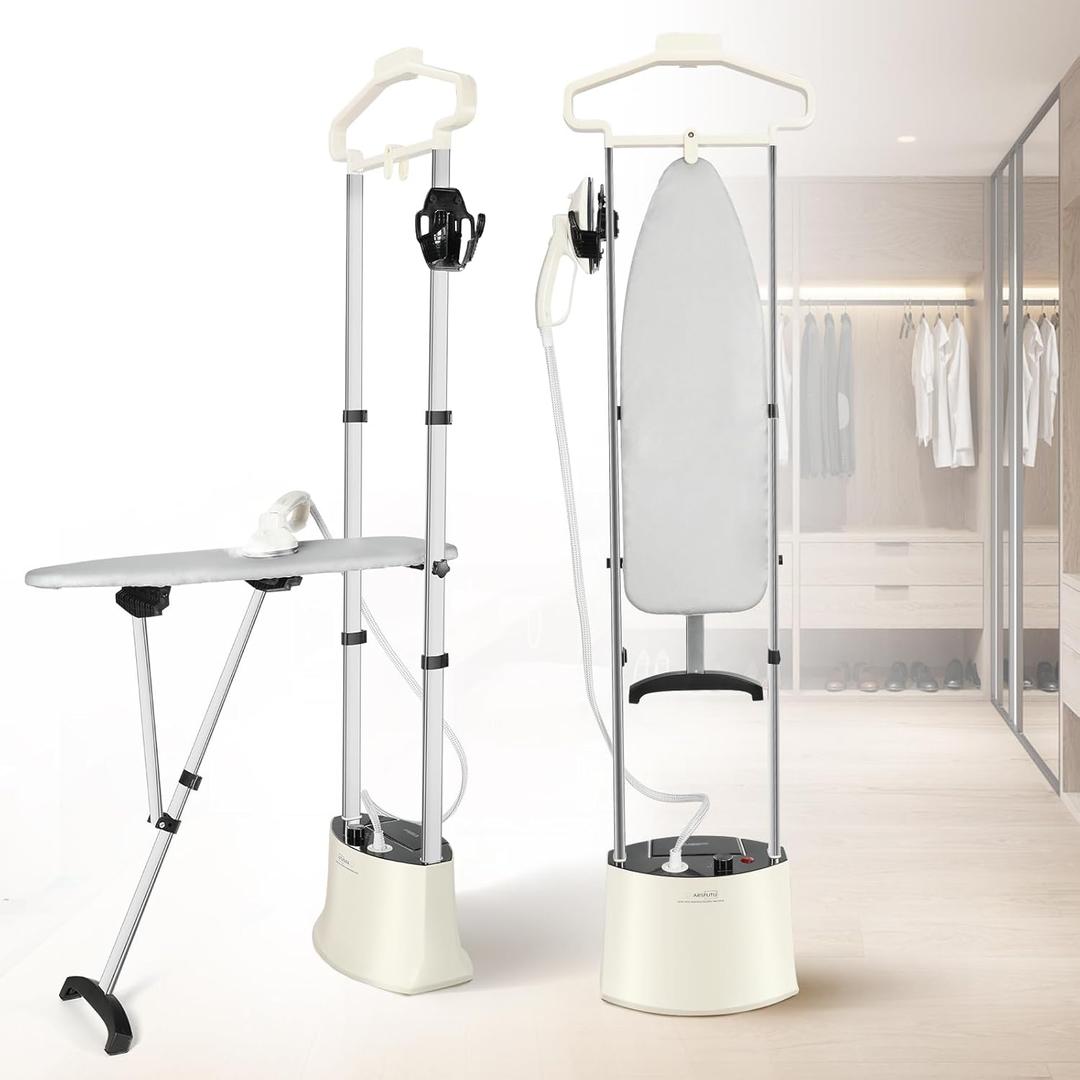 Standing Garment Steamer Professional Steamer for Clothes 25s Fast Heat-up with Rotating Ironing Head 1.6L/54 fl.oz Water Tank, Self-cleaning Function, Foldable Ironing Board, Ironing Gloves (White)