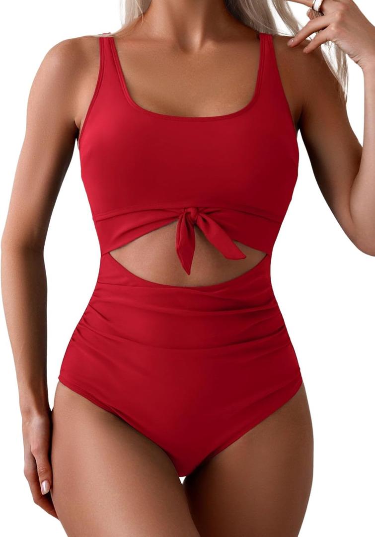 Eomenie Women's One Piece Swimsuit Tummy Control Slimming Bathing Suit Cutout Tie Knot Swimwear (X-Large, Red)
