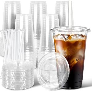 Ginkgo 50 Pack 20 oz Plastic Iced Coffee Cups with Lids and Straws, Clear Disposable To Go Cups for Coffee, Cold Drinks, Smoothie and Coffee Bar Accessories