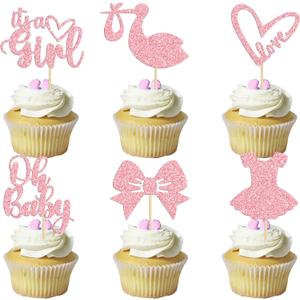 Gyufise 36 Pack Oh Baby Cupcake Toppers It's a Girl Cupcake Toppers with Bow Dress Love Heart Pink Glitter Cake Picks Decorations for Baby Shower Girl Birthday Party Supplies