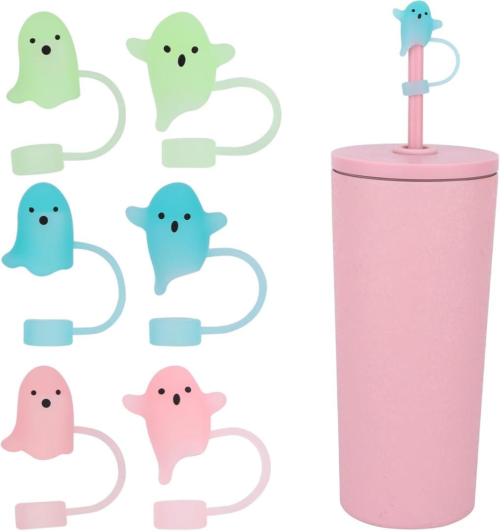 6pcs Halloween Ghost Straw Toppers for Stanley Cups, 0.4in Silicone Luminous Cute Fall Straw Covers Cap for Stanley 20/30/40oz Tumblers, Fun Halloween Cup Decorations and Party Gifts (3 Colors)