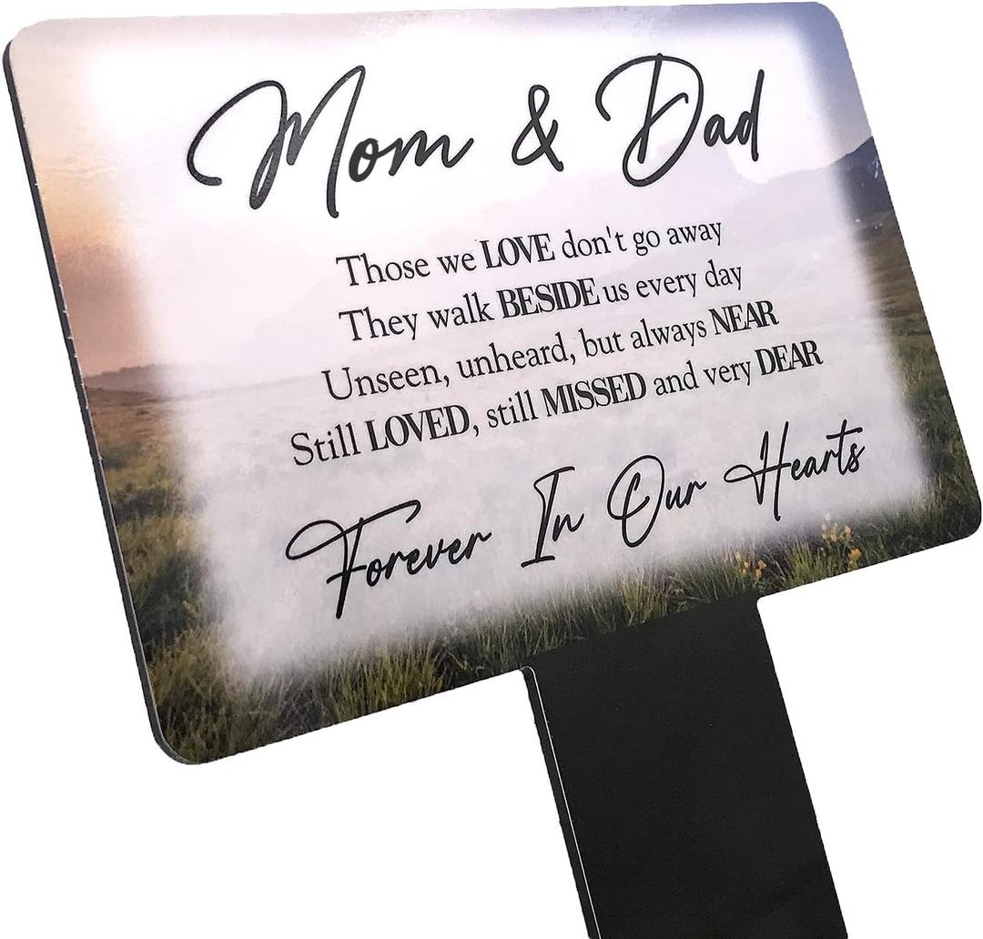 Mom & Dad Memorial Plaque Stake. Beautiful, eye-catching, waterproof grave marker printed with a landscape image and a remembrance poem