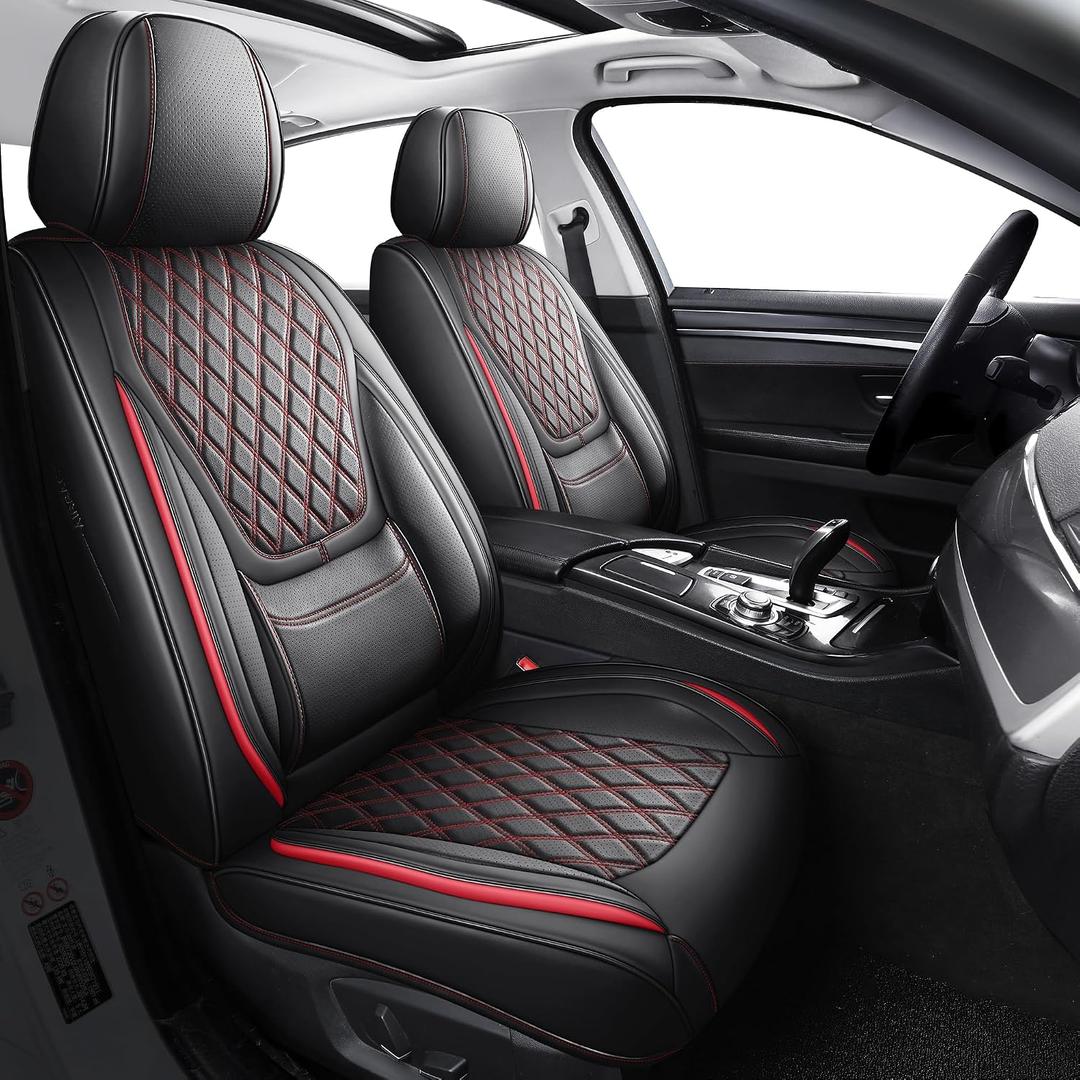 YIERTAI Full Coverage Universal Seat Covers Fit for Toyota Rav4 Honda Crosstour Hyundai Elantra Nissan Rogue Kia Soul Infiniti Chevy Mazda Lexus Acura RDX TSX Waterproof Leather 2PCS Black-Red
