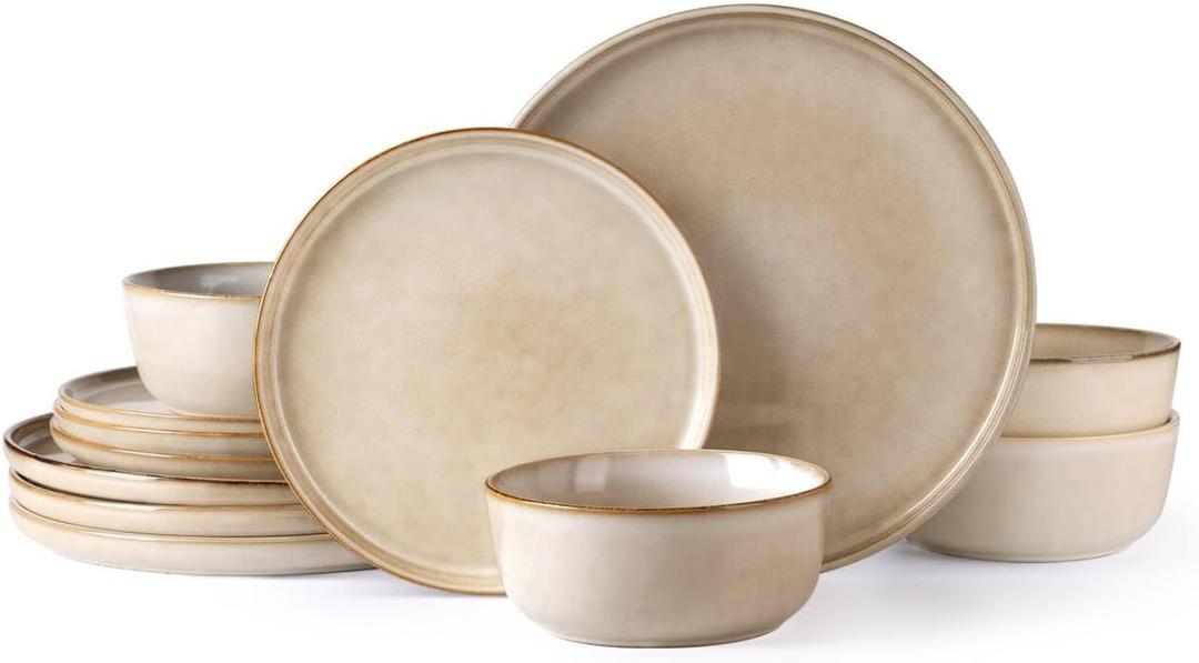 AmorArc Stoneware Dinnerware Sets,Round Reactive Glaze Plates and Bowls Set,Highly Chip and Crack Resistant | Dishwasher & Microwave Safe Dishes Set,Service for 4 (12pc) (Cappuccino Color)