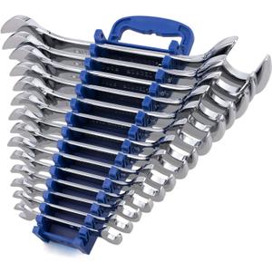 14-Piece Premium Angle Head Open End Wrench Set, Chrome Vanadium Steel | Include Standard Inch Sizes 3/8, 7/16, 1/2, 9/16, 5/8, 11/16, 3/4, 13/16, 7/8, 15/16, 1, 1-1/16, 1-1/8, 1-1/4 with Storage Rack, SAE 14-Piece Set