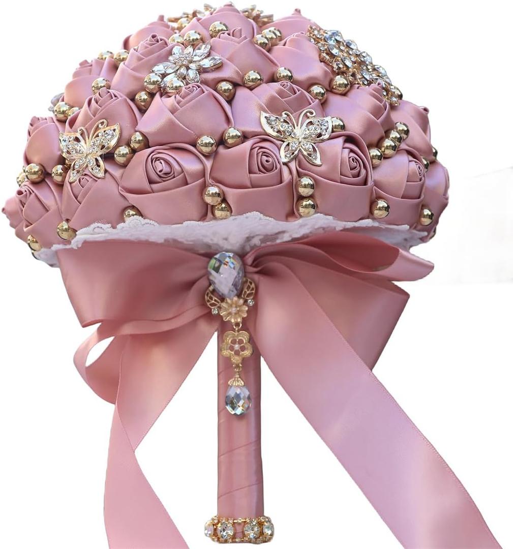 Bridal Wedding Bouquet Round Holding Bouquet Throw Toss Artificial Rose Flower Bunch for Bride Bridesmaid Wedding Quinceanera(Blush Pink, 7.1")