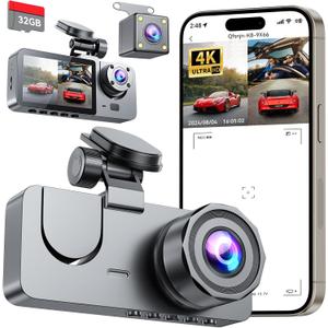 Dash Cam Front and Rear Inside 3 Channel, 4K Full UHD Dash Camera for Cars Built-in 32GB Card with IR Night Vision, 24 Hours Recording, Loop Recording, G-Sensor (Black)