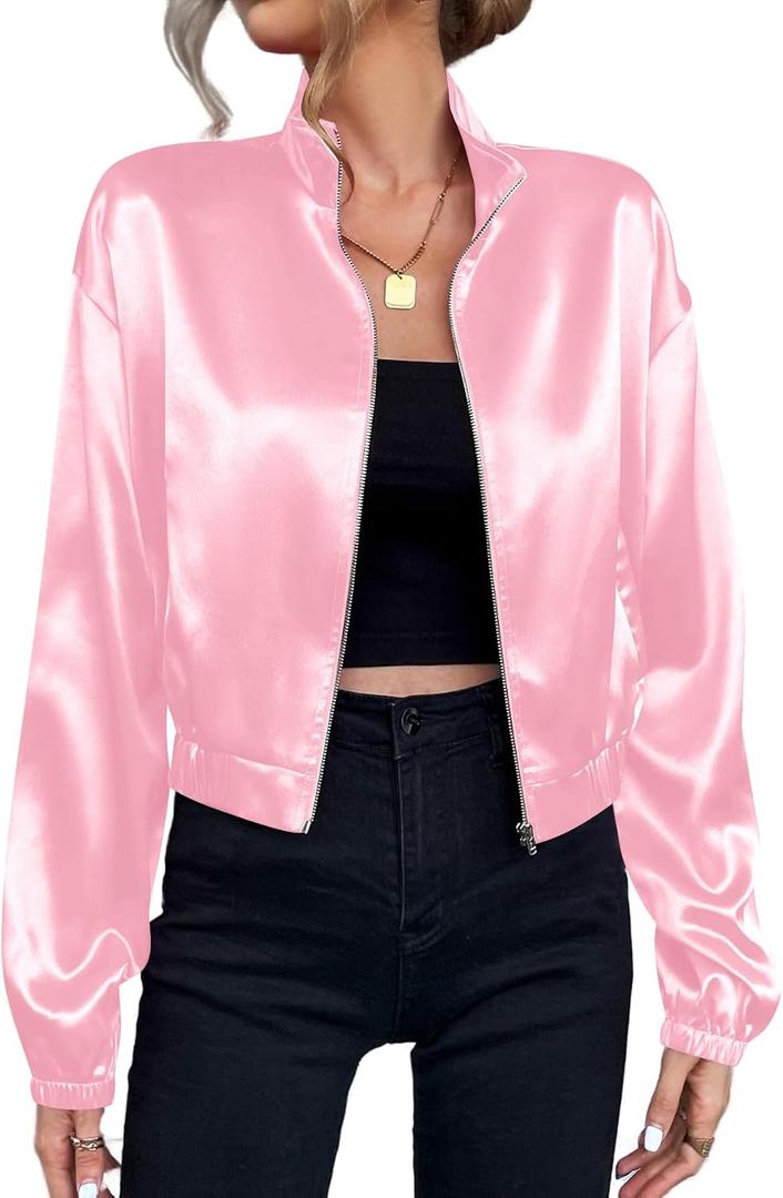 Verdusa Women's Bomber Satin Lightweight Jacket Drop Shoulder Long Sleeve Zip Up Outerwear (Pink, X-Large)
