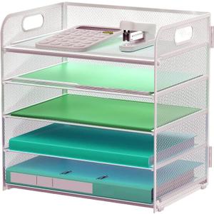 Letter Tray Paper Organizer 5-Tier Desk Organizer File Organizer Paper Holder with Handle, Metal Desktop Document Shelf Tray Office Classroom Organization - Silver