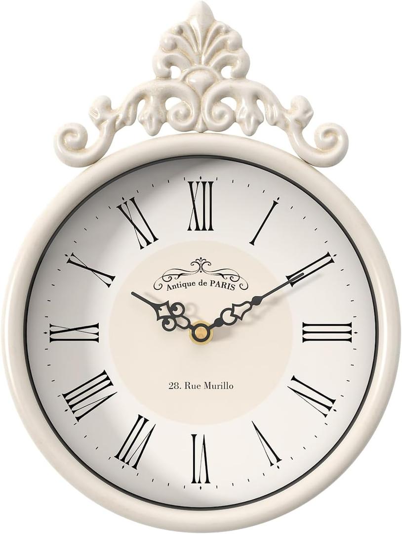 Small Retro French Decorative Wall Clock, Ivory White Antique Vintage Boho Style, Battery Operated Silent Decor Wall Clocks for Farmhouse,Bathroom,Bedroom,Kitchen(10.23" H x 7.87" W)