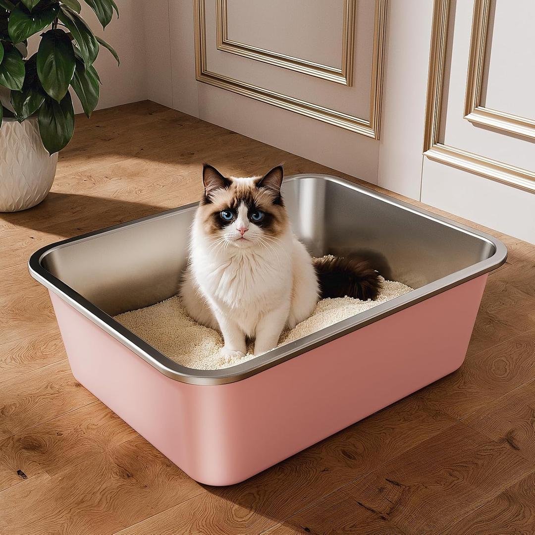 Stainless Steel Litter Box, Large Metal Cat Litter Box with High Sided for Big and Small Cats, Non-Stick, Easy to Clean, Odor-Free, 17.5" L13.6" W5.9" H, Blush Pink