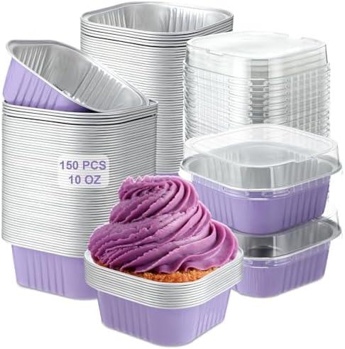 Aoriher 150 Pieces 10 oz Mini Cake Pans with Lids Aluminum Foil Baking Cups Square Disposable Cupcake Cups Baking Tins for Kitchen Brownie Pudding Desserts Muffin Ramekins Holders(Taro Purple)