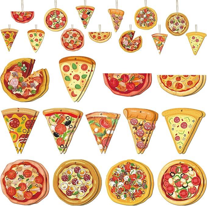 27 Pcs Wooden Christmas Pizza Slice Ornaments Pizza Decoration for Christmas Tree 3.15'' Food Ornaments with Hanging Ropes 0.08'' Thick Cute Xmas Gift for Food Lover Party Decoration