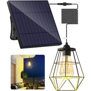 Intelamp Solar Pendant Light With 4000mAh Battery - Black Metal Basket Chandelier, Retro Style Ceiling Light for Indoor and Outdoor Use - Warm White