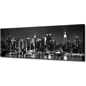 Biuteawal New York City Canvas Wall Art Modern Black and White Cityscape Poster Picture Prints Manhattan Skyline Night View Painting Artwork for Home Office Living Room Decoration Gallery Wrap, Size:16"x48"(40x120cm)