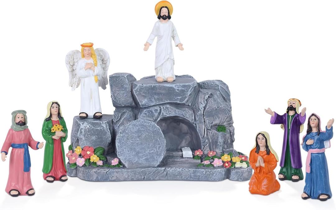 MEETYAMOR Religious Easter Decorations for Home, 8 PCS Resin Jesus Resurrection Scene Set with Empty Tomb for Christian Easter Decor, He is Risen Nativity Scene for Tabletop Mantel Tray Shelf Church