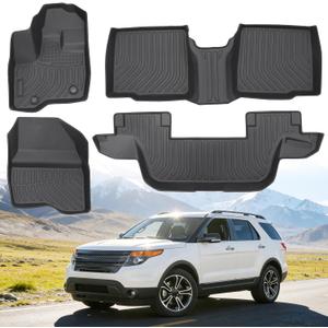 Floor Mats for Ford Explorer 7 Passenger Bench Seat 2011-2014 | (Not for 6-Seat Captain Chairs), Heavy Duty TPE All Weather Protection, Waterproof Non-Slip Black (Three-Row Floor Mats)