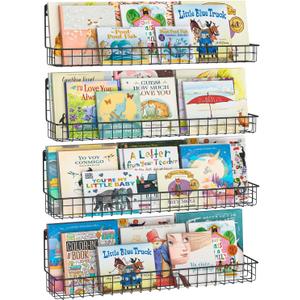 24 Inch Wall Mounted Kids Bookshelf, Floating Metal Book Shelves for Kids Nursery Toddler Classroom, Hanging Book Shelf Organizer for Room Decor, Black, Set of 4 (Black-4 Pack)