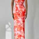 PRETTYGARDEN Women's Summer Wedding Guest Dress Strapless Tube Top Maxi Bodycon Long Floral Mesh Beach Vacation Party Dresses (Medium, Print Light Orange)