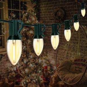 12FT C7 LED Christmas Lights Outdoor Indoor, Plug in Warm White String Lights for Porch, Railing, Staircase, Patio Decor, Green Wire (Clear)