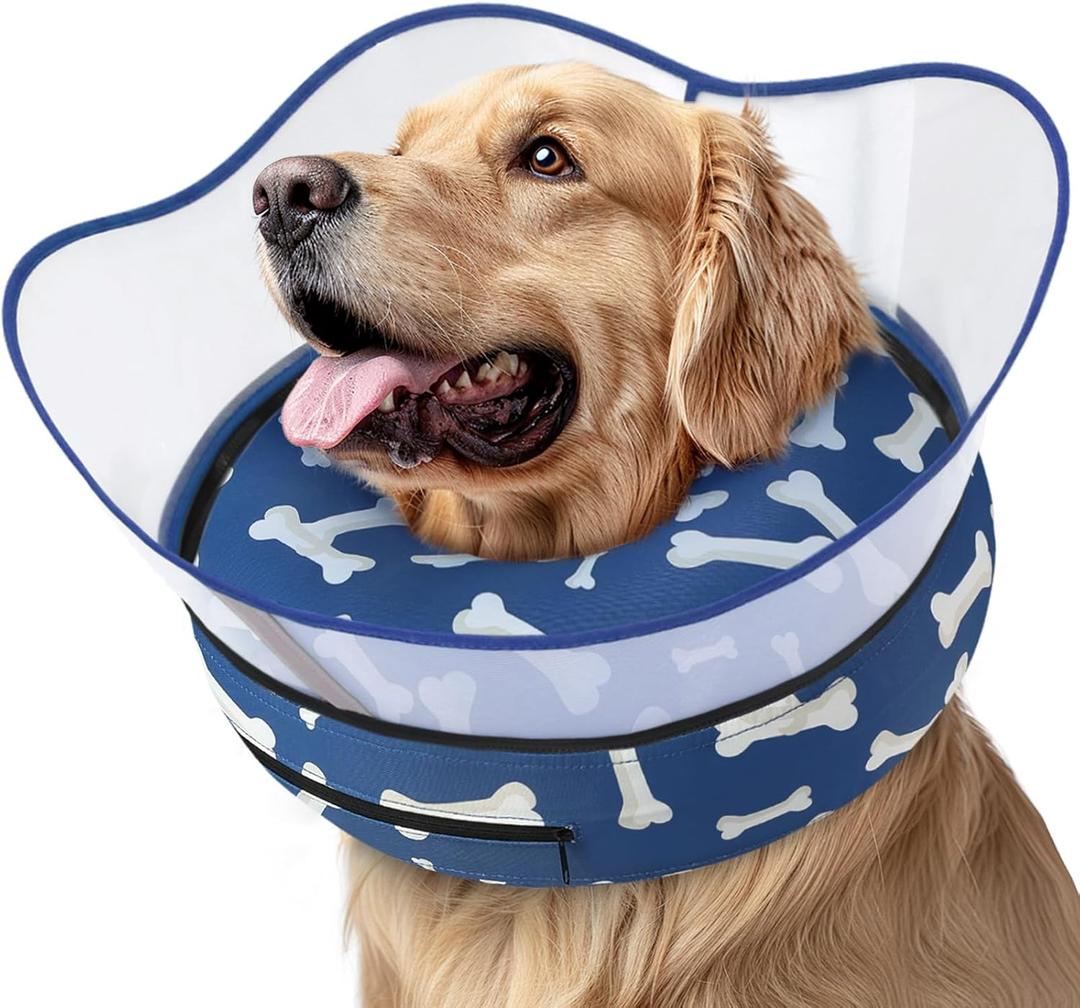 Supet Raised Inflatable Dog Cone Collar to Stop Licking, Soft Dog Cone Alternative After Surgery, Pet Neck Donut Collar for Small Medium Large Dogs (M(Neck 9"-12.5"), T Bone Navy)