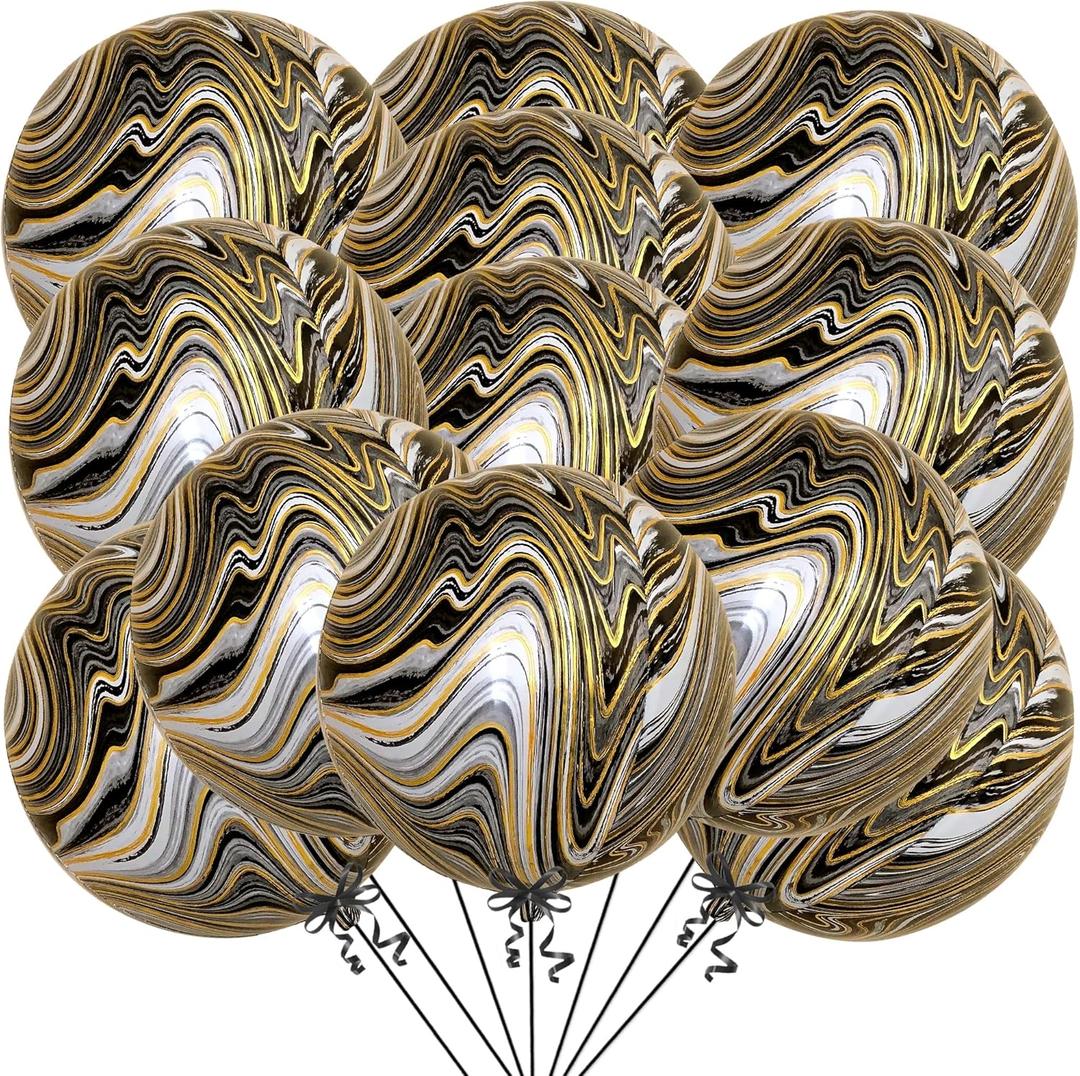 KatchOn Black and Gold Marble Balloons - Big 22 Inch, Pack of 12 | 4D Halloween Balloons