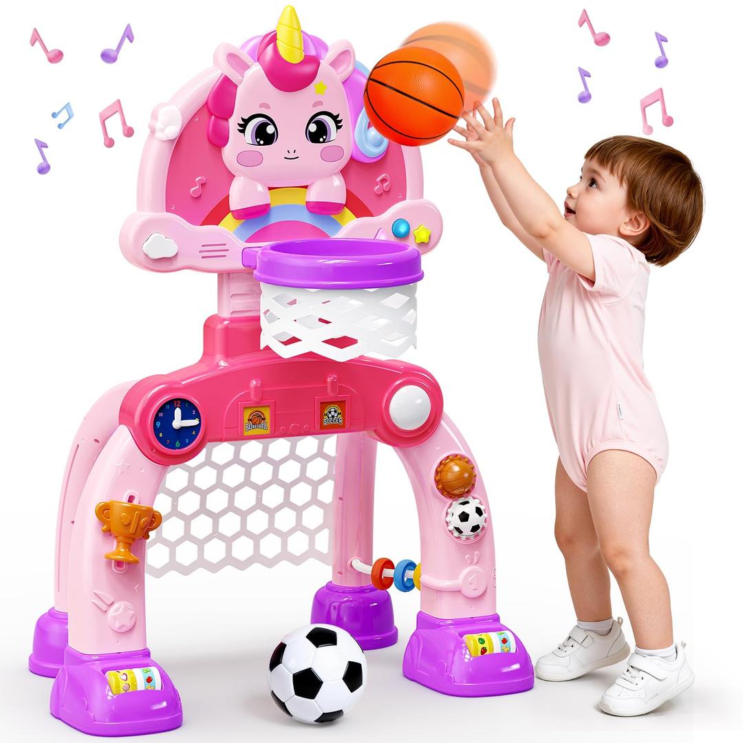 Toddler Basketball Hoop & Soccer Goal Activity Center, Unicorn Toddlers Musical Toys with Light Music, Baby Toddlers Christmas Birthday Present Gifts for 1 2 3 Year Old Girls, (Purple,Pink)