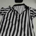 Geyoga 4 Pcs Men's Official Referee Costume Set Black and White Stripe Referee Shirt Hat Whistle Lanyard for Carnival(L)