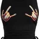 SHENHE Women's Summer Ruched Sleeveless Hands Print Crewneck Drawstring Tank Crop Tops (Black, XS)