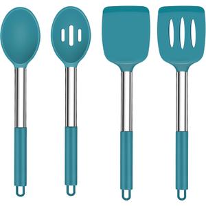 TeamFar Cooking Utensils Set, 4PCS Heatproof Silicone Utensil Kitchen Tools with Stainless Steel Handle, for Non-stick Cookware Flipping Frying Draining, Nontoxic & Non scratch, Easy Clean - Navy Blue