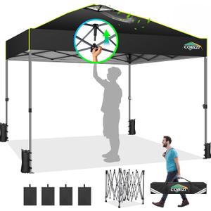 COBIZI Canopy 10x10 Pop Up Canopy Tent 1-Button Push Easy up Outdoor Canopy Instant Portable Commercial Shelter Waterproof UPF50+ Gazebo with Reflective Strip, Air Vent & 4 Sandbags, Black