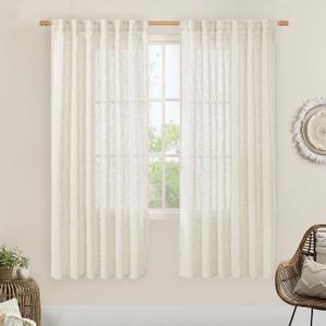 2 x LAMIT 68 inch Semi Sheer Linen Curtains 2 Panels Set, Cream Ivory Light Filtering Panels Back Tab and Rod Pocket Neutral Drapes for Kitchen/Window/Sliding Glass Door, 52 x 68 Inch