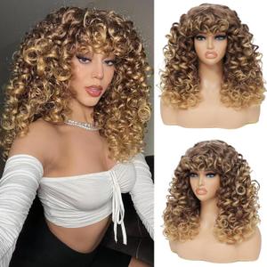 GKtineke-Curly-Wig Big-Curly-Wigs-for-White-Black-Women 20 Inch- Long-Curly-Wig-with-Bangs Synthetic-Hair-Replacement-Wigs-for- Cosplay and Daily (Ombre Blonde)