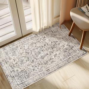 Entryway Rug - 2'x3' Boho Soft Low Pile Washable Area Rug, Non-Slip Small Rugs Indoor for Front Door Entrance Kitchen Bathroom, Vintage Carpet Stain Resistance (Black, 2x3ft)