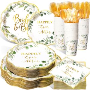 Pickmesh 400 Pcs Sage Green Bridal Shower Party Supplies Eucalyptus Leaves Bride to Be Happy Ever After Disposable Paper Plates Napkins Cups Cutlery Set for Wedding Bachelorette Party Decorations