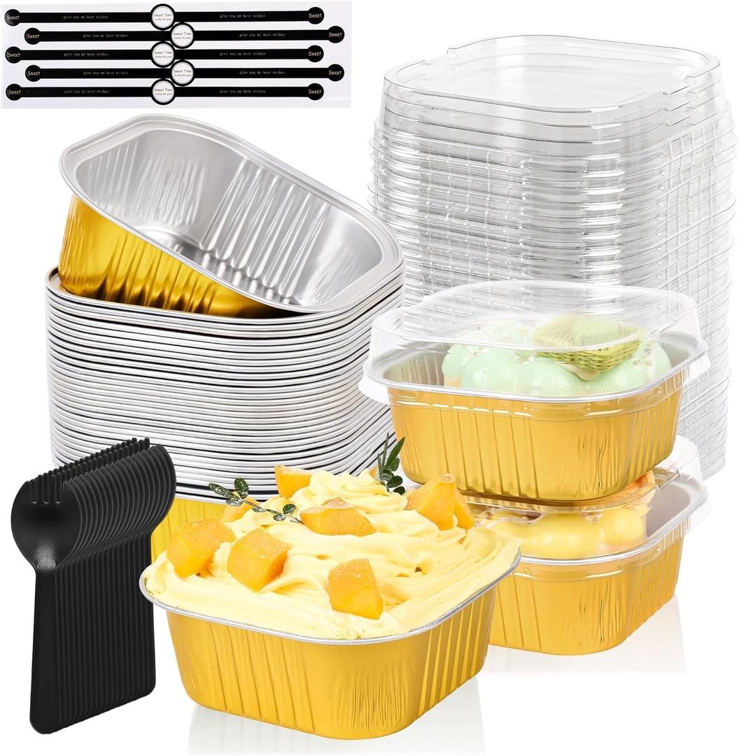100 Pcs Mini Cake Pans with Lids, 5oz Square Aluminum Foil Brownie Baking Cups, Small Cake Tins with Lids, Disposable Ramekins, Mini Cake Containers For Wedding Birthday Party (Gold)