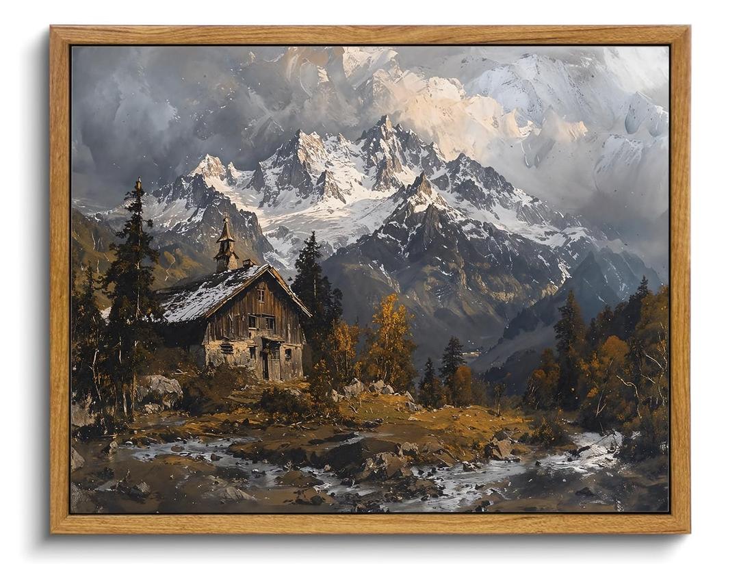 KISSFOX Framed Wall Art Vintage Wall Decor Landscape Pictures Snow Mountain Canvas Art Winter Cottage Paintings Farmhouse Artwork For Bedroom Living Room Kitchen