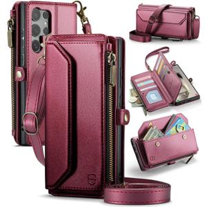 Wallet Case Compatible with Samsung Galaxy S24 Ultra 5G RFID Blocking 10-Card Holder Soft PU Leather Magnetic Snap Strap Zipper Pocket Phone Case Fit for Galaxy S24 Ultra - Wine Red