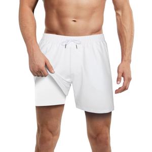 LUCOWEE Mens Swim Trunks with Compression Liner Anti Chafe Quick Dry UPF 50+ Swimming Shorts 5" 7" Inseam Bathing Suit (X-Large, White)