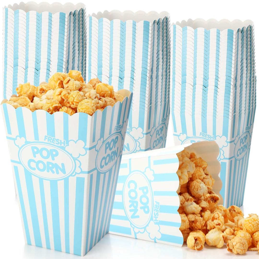 Xinnun 100 Pcs Popcorn Boxes 32oz Classic Stripe Paper Buckets Disposable Oil Proof Popcorn Container Retro Open Top Box for Movie Night Supplies Theaters Carnival Birthday Party(Light Blue and White)