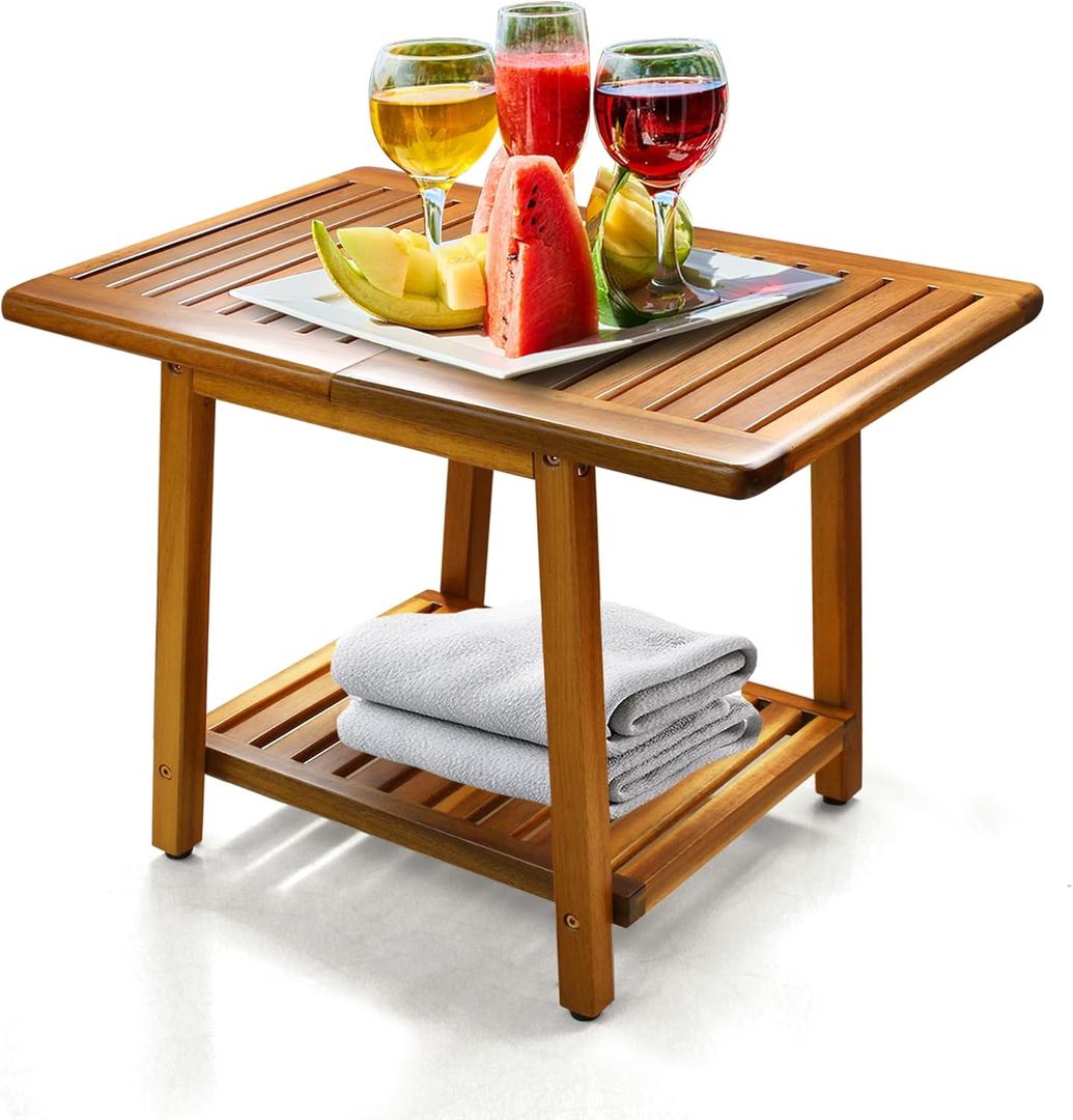 ENKEZI Acacia 24 Inches Outdoor Side Table, 2Tier Sturdy Patio, End Table Weather Resistant, Strong Stability Side Table for Patio, Pool, Porch, Teak Finish (Large)