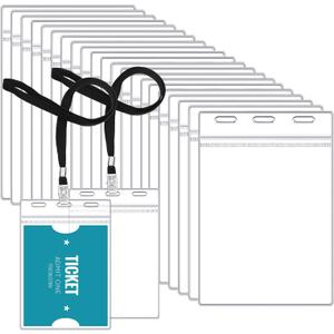 Patelai 30 Pcs 3 x 5 Inch Large Clear ID Badge Holder with Black Lanyard Credential Holder Plastic Credential Badge Sleeves Clear Vertical Sealable Card Protector for Travel