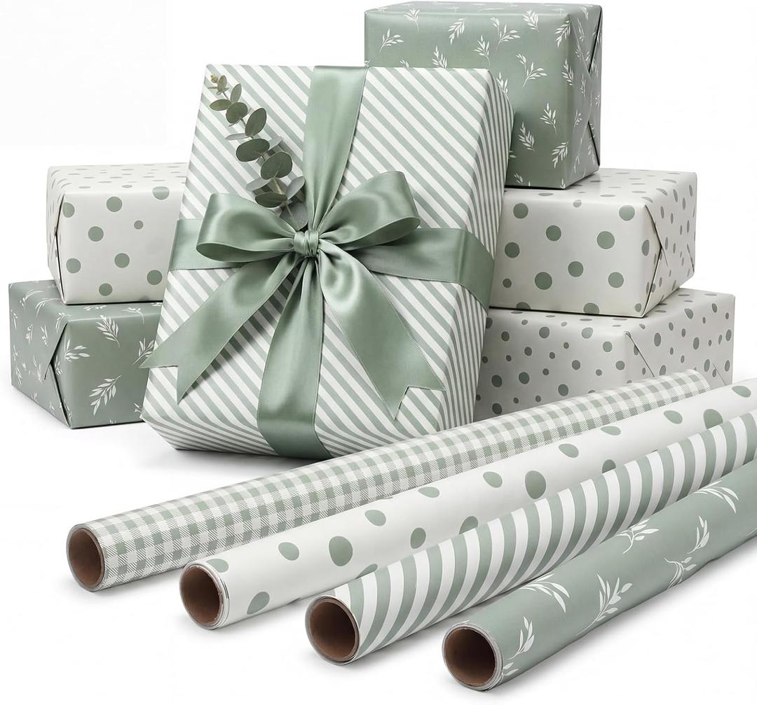 woric Sage Green Wrapping Paper 4 Rolls Gift Wrapping Paper with Stripe Polka Dot Check Beige Leaves Design for Wedding Baby Shower Graduation Birthday Spring Decor - 17 x 120 in(10ft) Per Roll