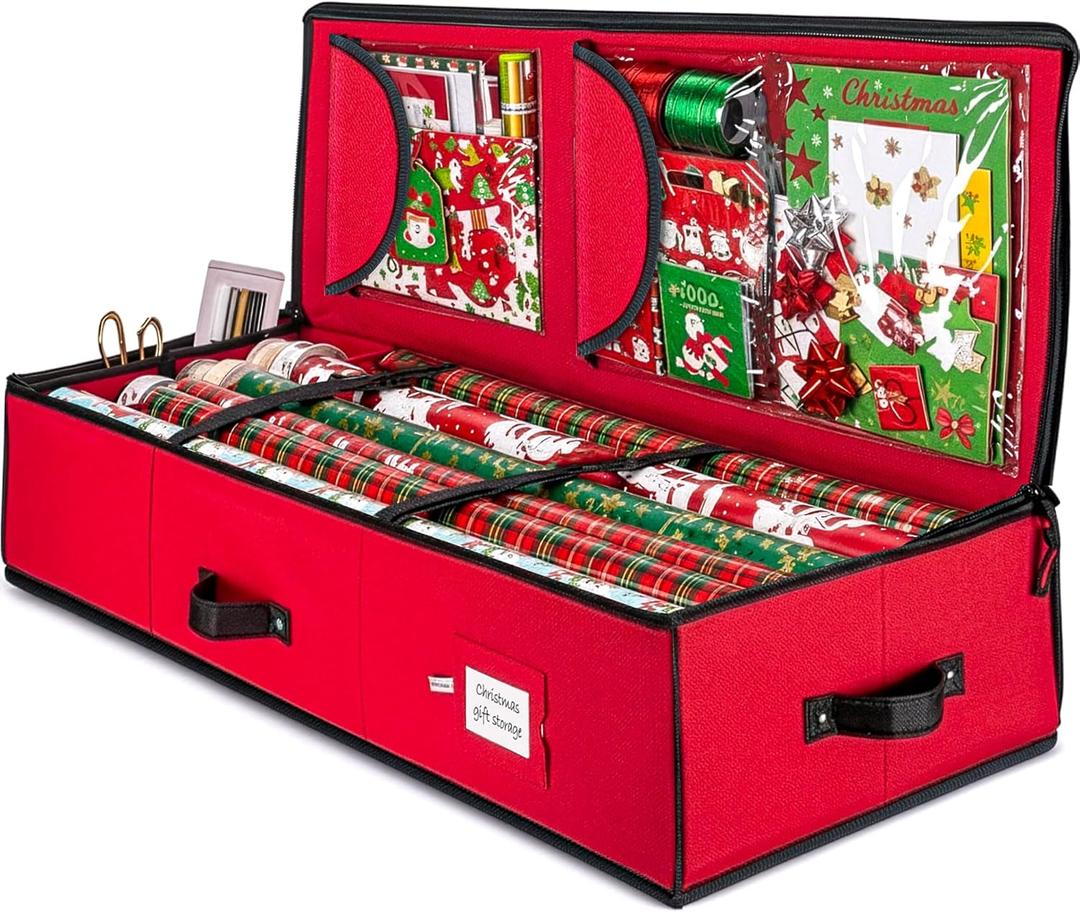 ZOBER Gift Wrapping Paper Organizer Storage - 40" Gift Wrap Storage Containers with Interior Pockets for Bows, Tags & Ribbons - Wrapping Paper Holder, 600D Oxford, Fits 24 Standard Rolls, Red/Black