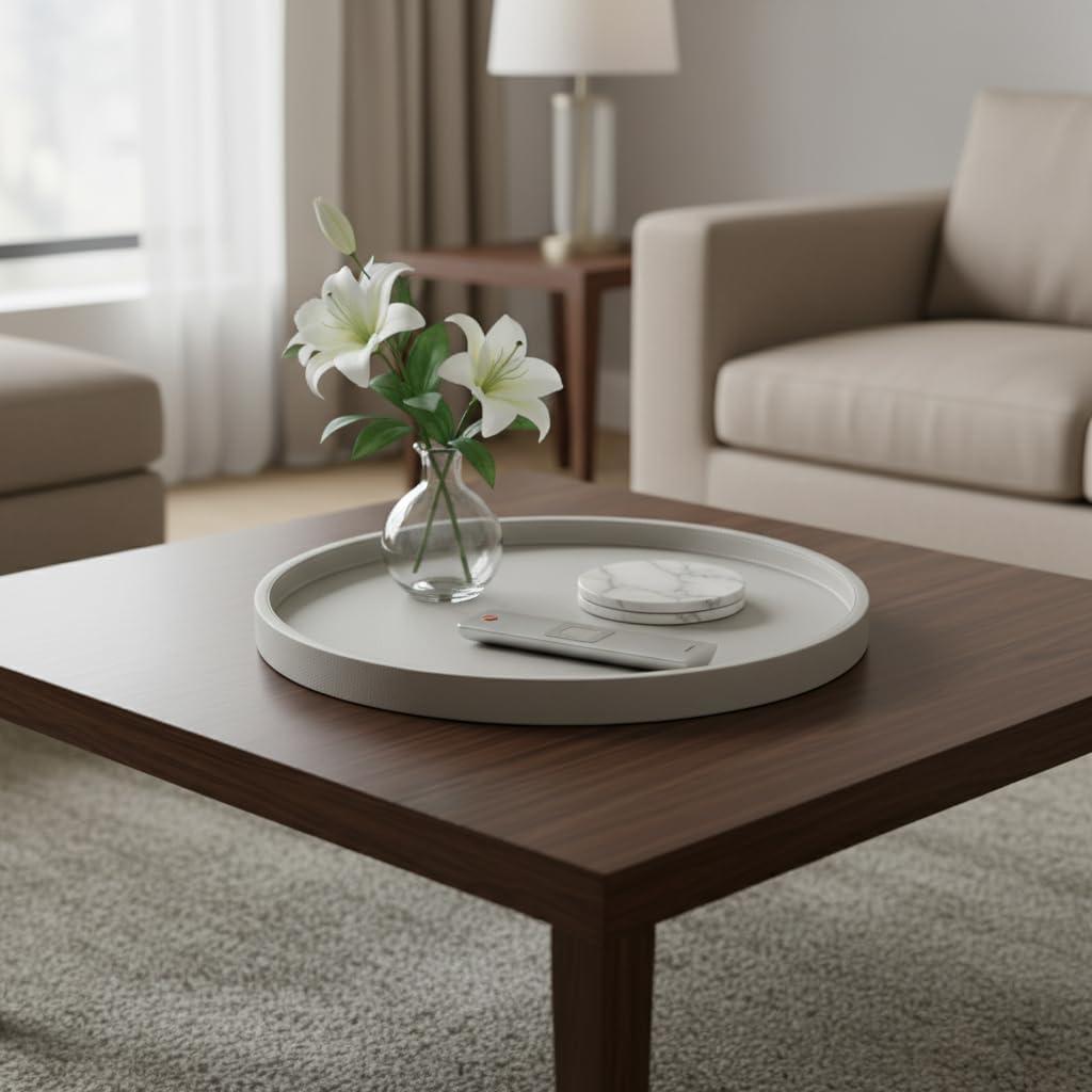 20-inch Round Ottoman Serving Tray - Textured PU Leather Coffee Table Decor, Waterproof Heat-Resistant Large Organizer for Home, Office, Bed & Party Essentials (Tranquil Beige, 20in)