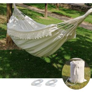 Brazilian Boho Large Fringe Swing Bed - Portable 2 Person Hammock for Patio, Porch, Backyard, Indoor with Carrying Bag, Tree Hammock - Soft Cotton Fabric White
