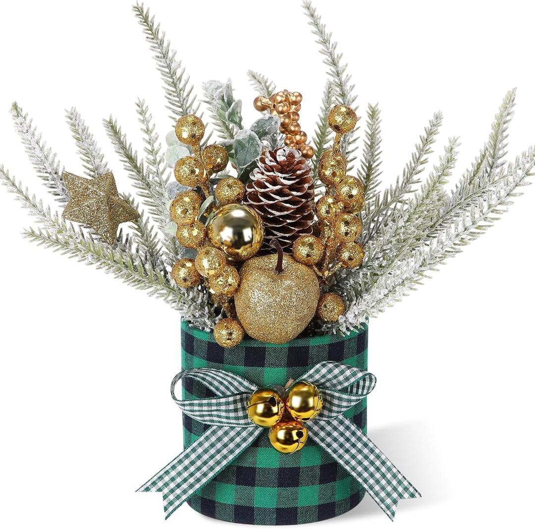 Valentines Day Decorations Valentine's Day Table Centerpieces Buffalo Check Plaid Artificial Tree Decor with Pine Cone Berry Gifts for Festival Winter Party Indoor Home Office Decor(Gold)